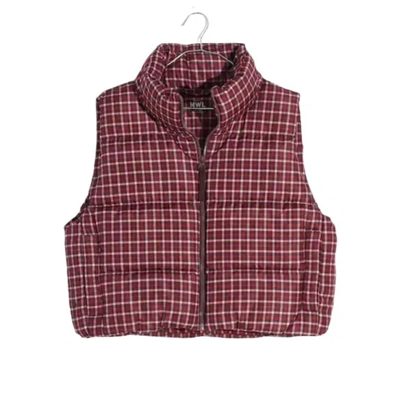 Madewell Cropped Puffer Vest in Plaid Size Medium